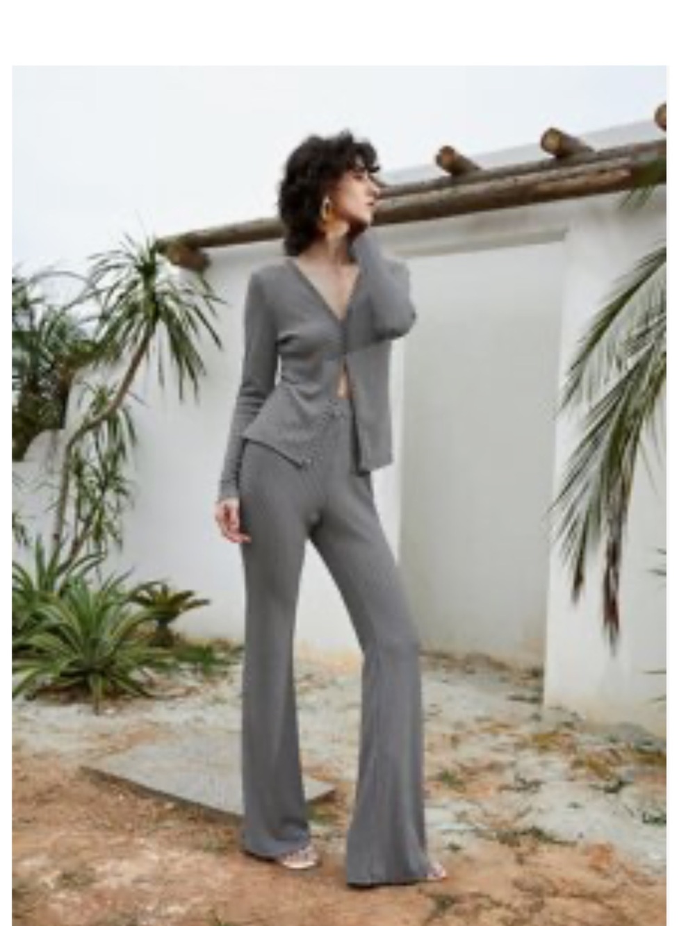 SHEIN Gray Ribbed Knit Wide-Leg Pants & Cardigan Set